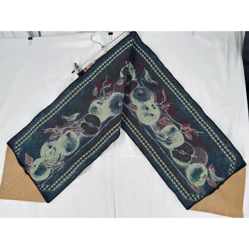 vintage apple and bird tapestry style fabric table runner 70in long